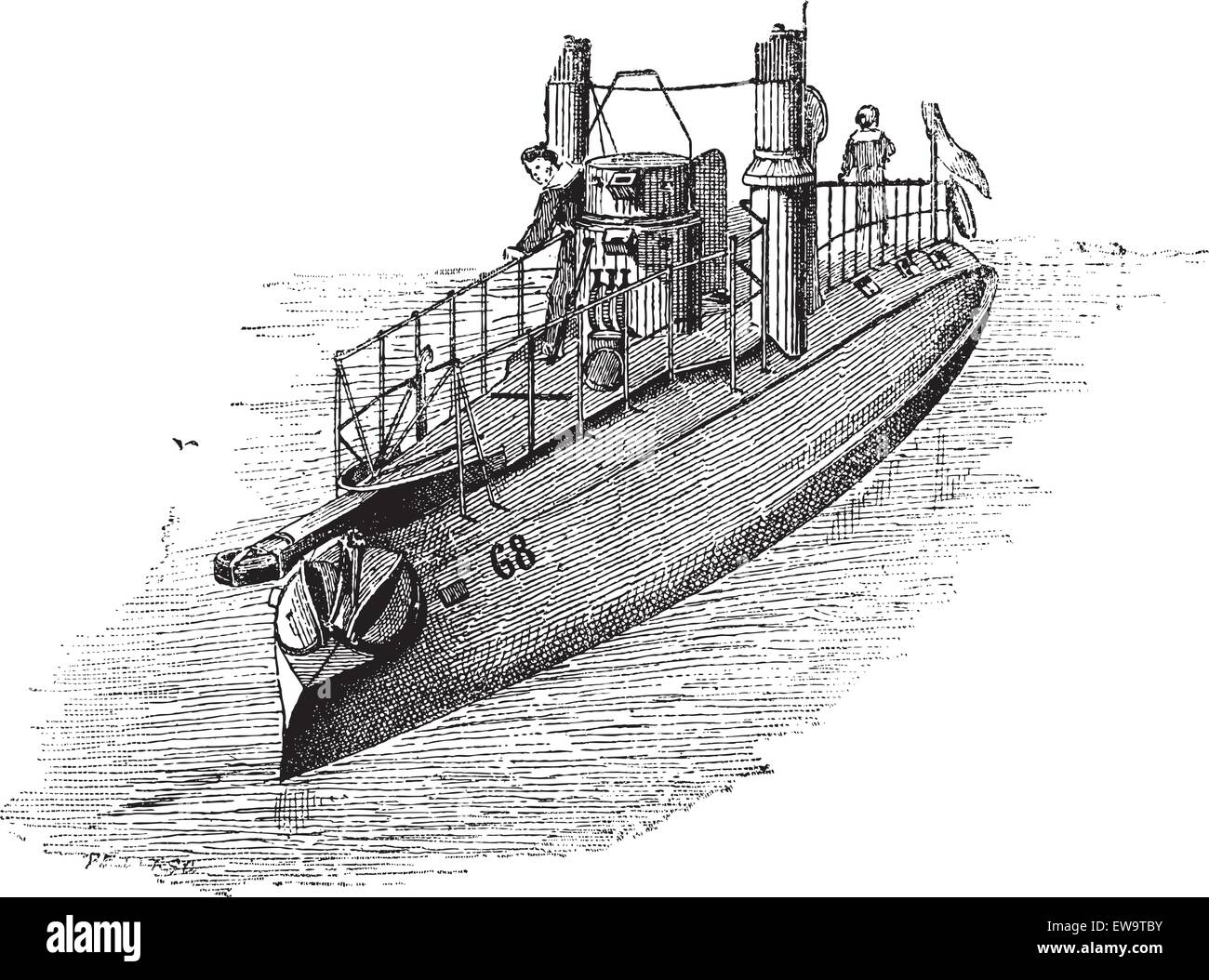 French Torpedo Boat, Number 63, in 1884, vintage engraved illustration. Dictionary of Words and Things - Larive and Fleury - 1895 Stock Vector