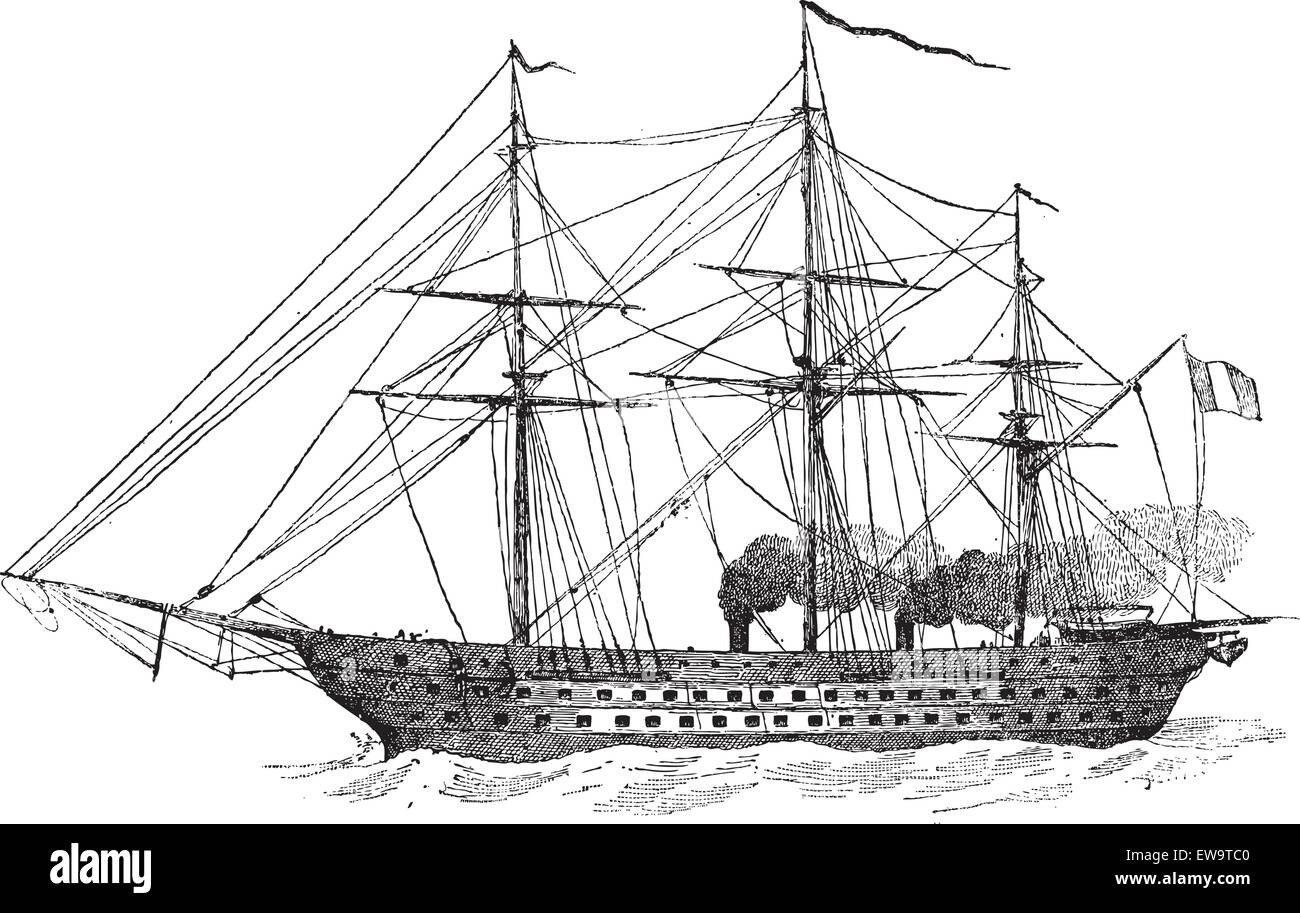 The Napoleon, a 90-Gun French Battleship, Steam-Powered, in 1852, vintage engraved illustration. Dictionary of Words and Things - Larive and Fleury - 1895 Stock Vector