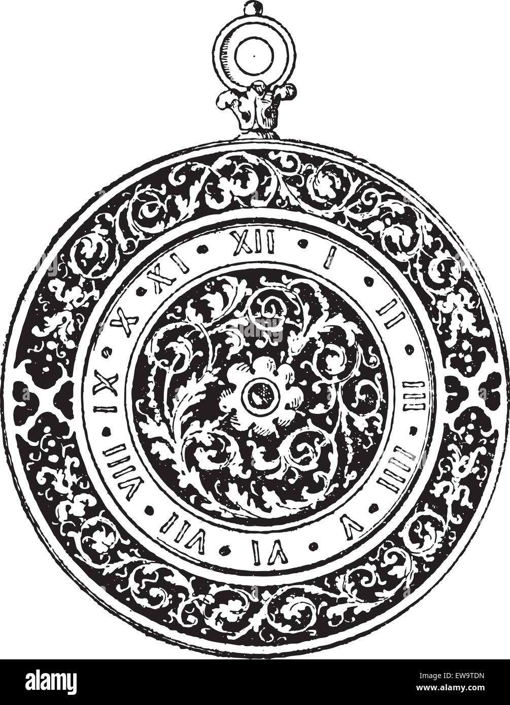 Watch Dial, German-made, during the 16th century, vintage engraved illustration. Dictionary of Words and Things - Larive and Fleury - 1895 Stock Vector