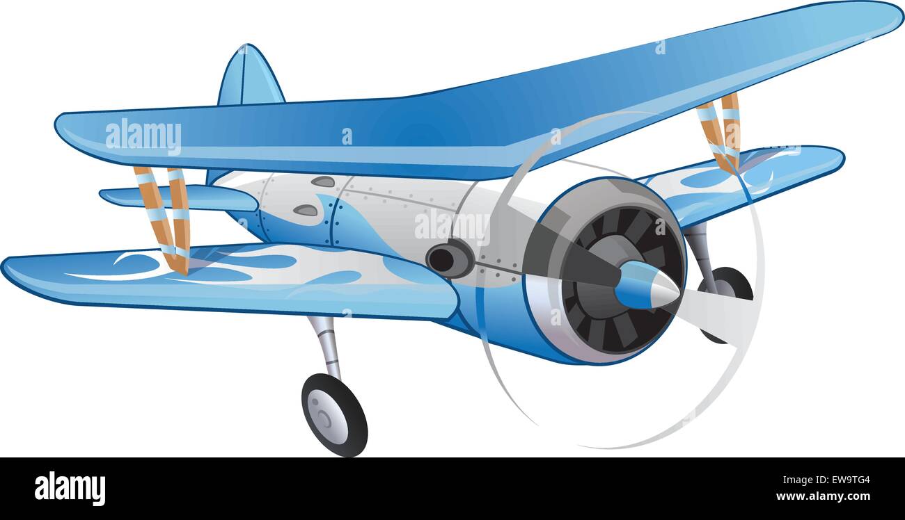 Biplane, Blue and White, Propeller-driven, vector illustration Stock Vector