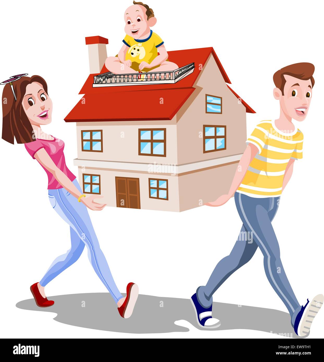 Family Carrying a House, Mom, Dad, Baby, vector illustration Stock Vector