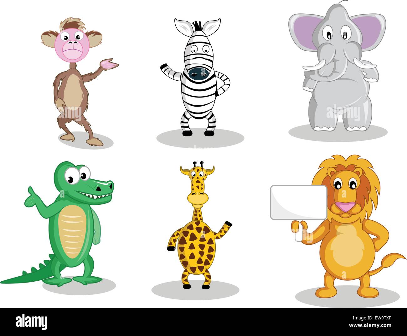 A monkey and a zebra waving their hand, a fat elephant, smiling intelligent gator, waving giraffe and a lion holding a sign, all in vector illustration cartoon. Stock Vector