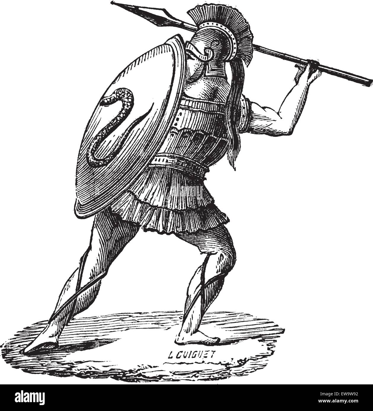 Old engraved illustration of the Greek soldier with his armor. Industrial encyclopedia E.-O. Lami ? 1875. Stock Vector