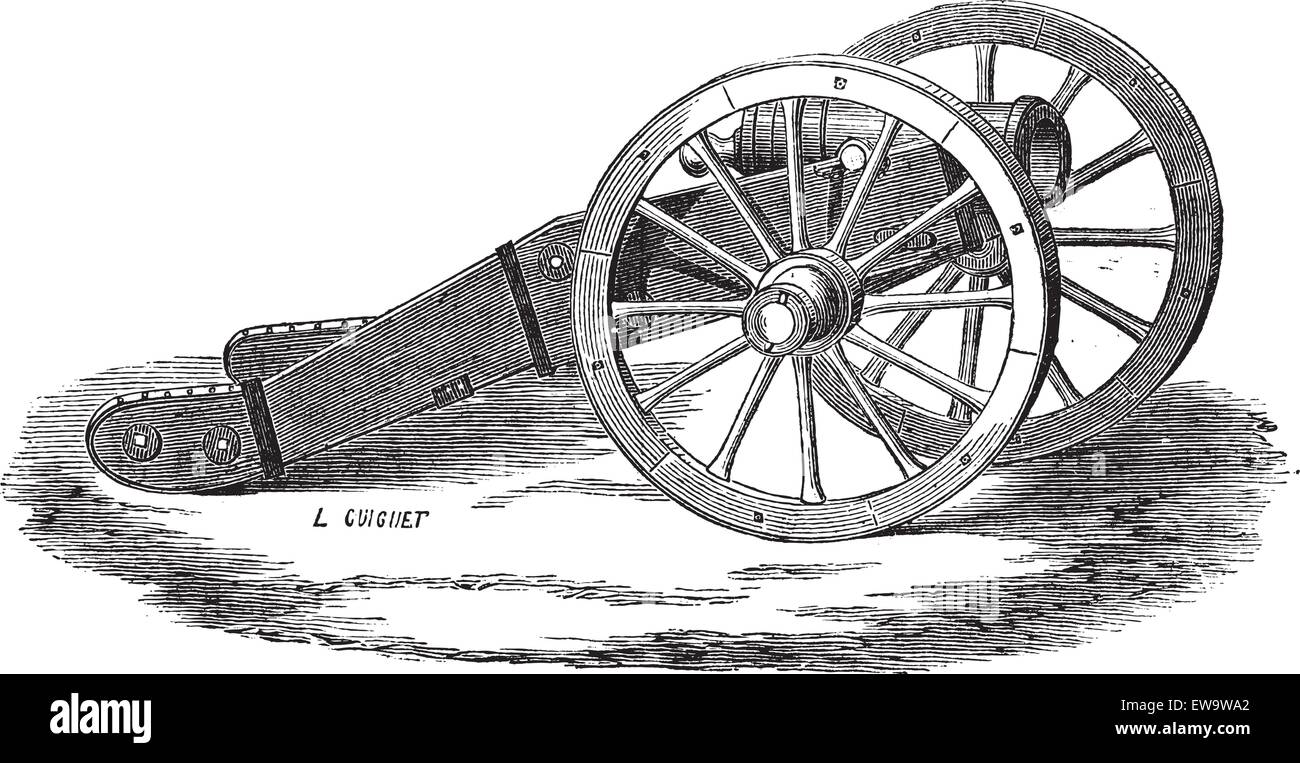 Old engraved illustration of Mounting of howitzer (Valliere system). Industrial encyclopedia E.-O. Lami ? 1875. Stock Vector