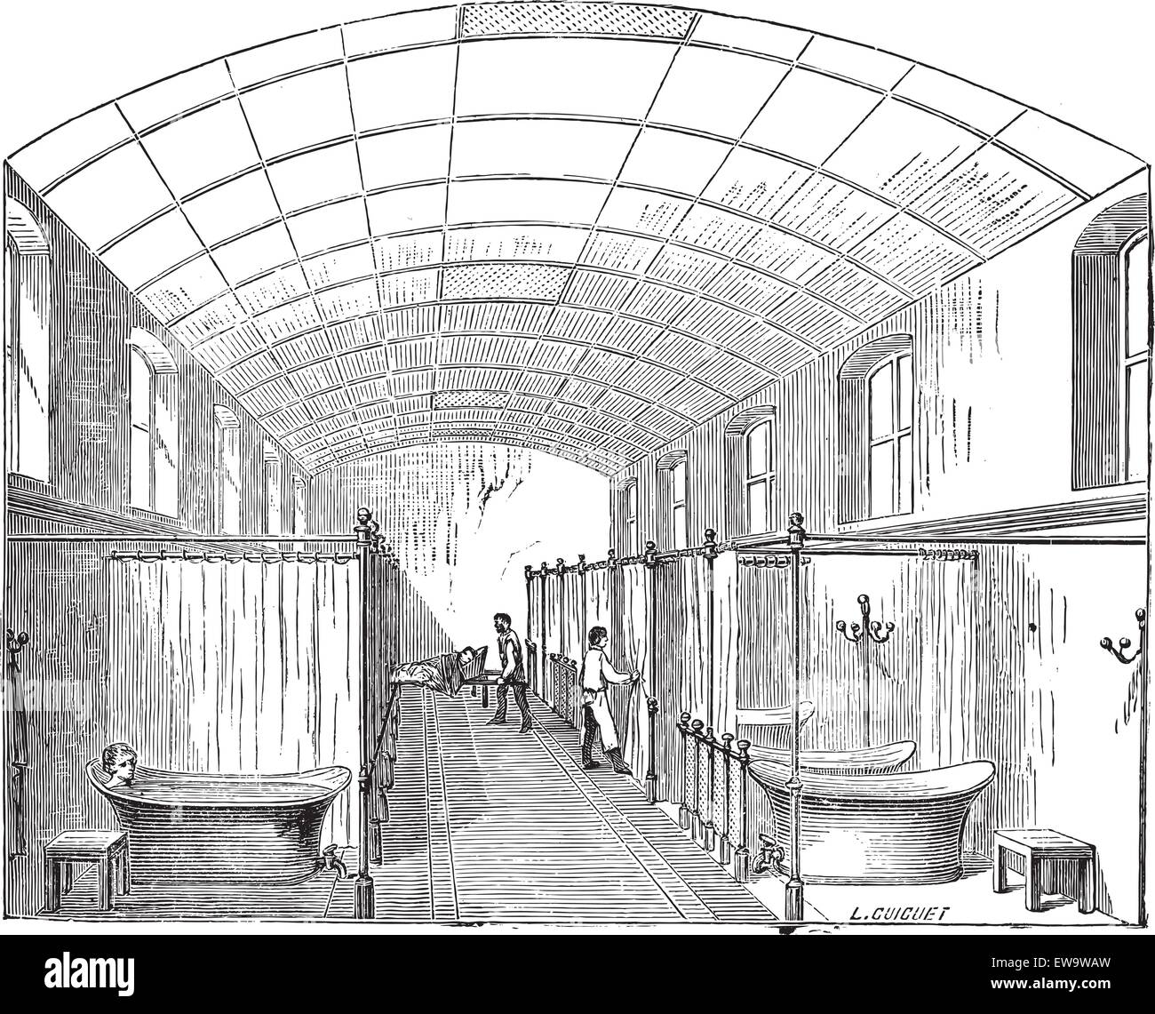Old engraved illustration of the hall for single bath in Hopital Saint-Louis in Paris, France. Industrial encyclopedia E.-O. Lami - 1875. Stock Vector