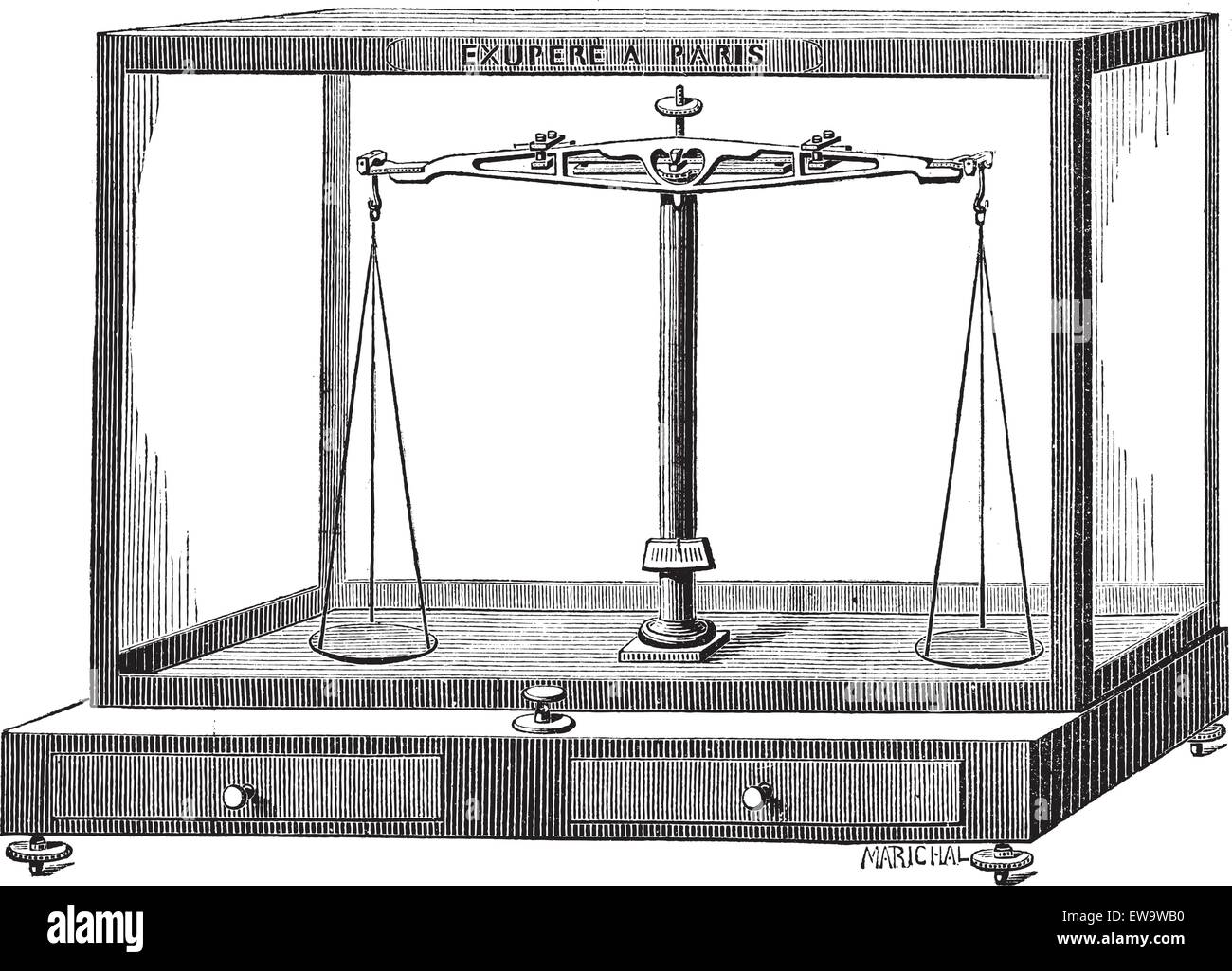 Old engraved illustration of Analytical balance scale isolated on a white background. Industrial encyclopedia E.-O. Lami - 1875. Stock Vector