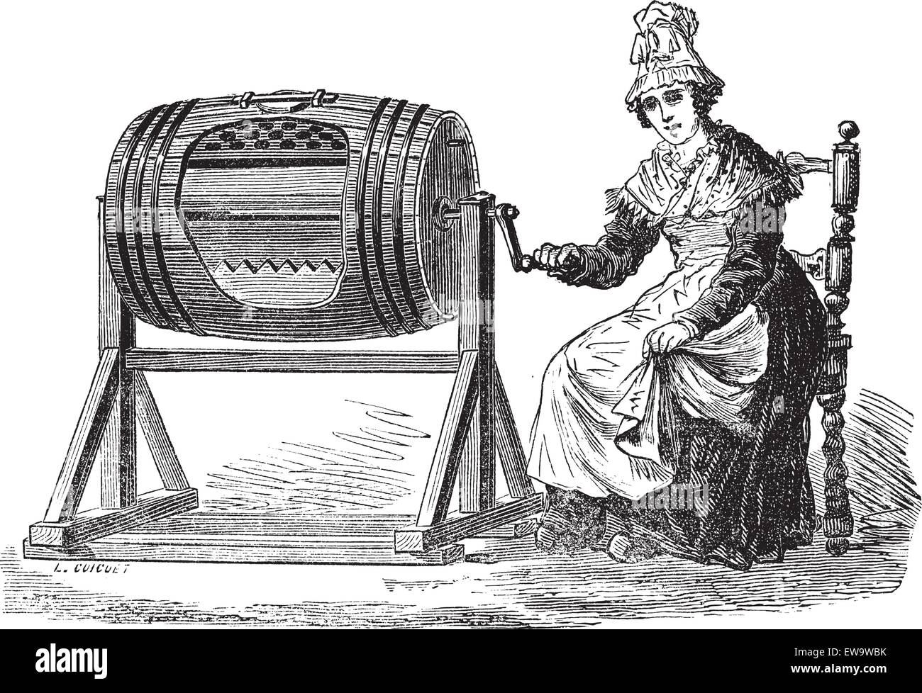 Old engraved illustration of Woman using barrel churn for making butter. Industrial encyclopedia E.-O. Lami - 1875. Stock Vector