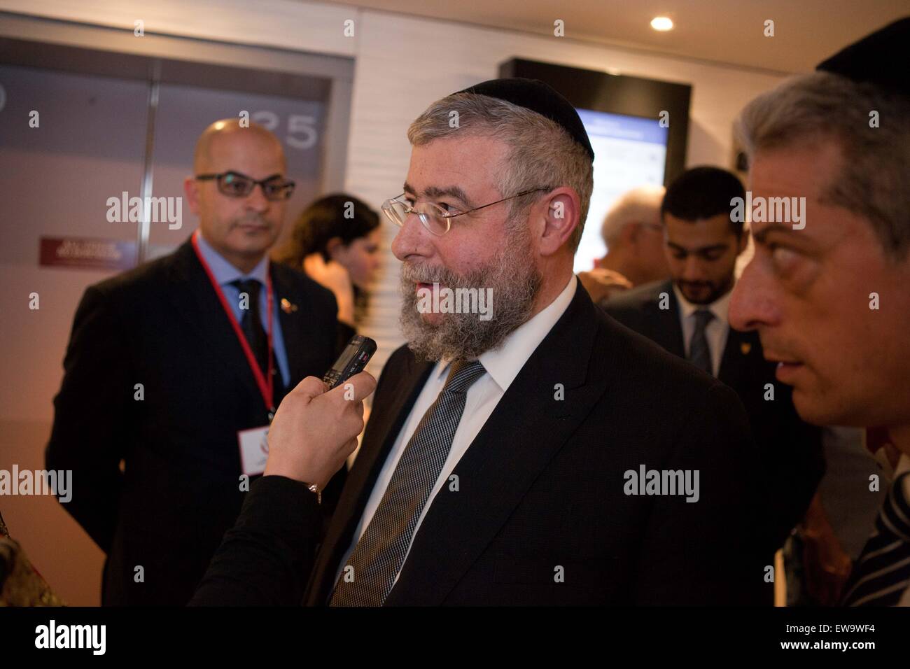 France, Paris, 'This is Bahrain' religious freedom delegation, exhibition and conference. 'This is Bahrain', delegation, a multi-faith group of Bahrainis and expatriates, set up to highlight religious tolerance in Bahrain and promote understanding between cultures and faiths, is the brainchild of the Bahrain Federation of Expatriate Associations (BFEA). Paris, FRANCE - 16/06/2015. Stock Photo