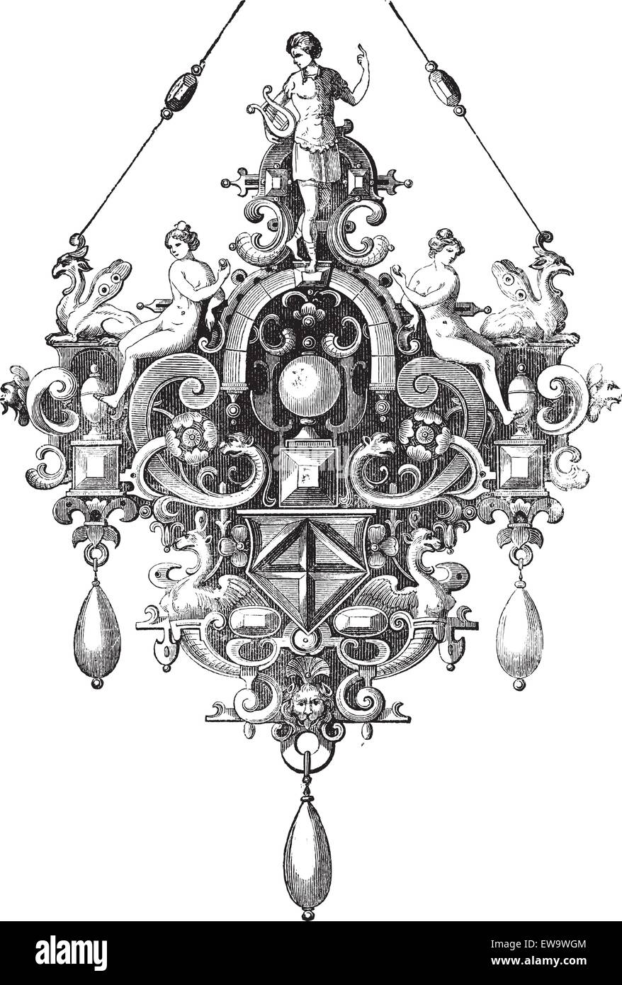 Old engraved illustration of Pendant of Benvenuto Cellini from the Cabinet des Medailles, National Library, France, isolated on a white background.  Industrial encyclopedia E.-O. Lami - 1875. Stock Vector