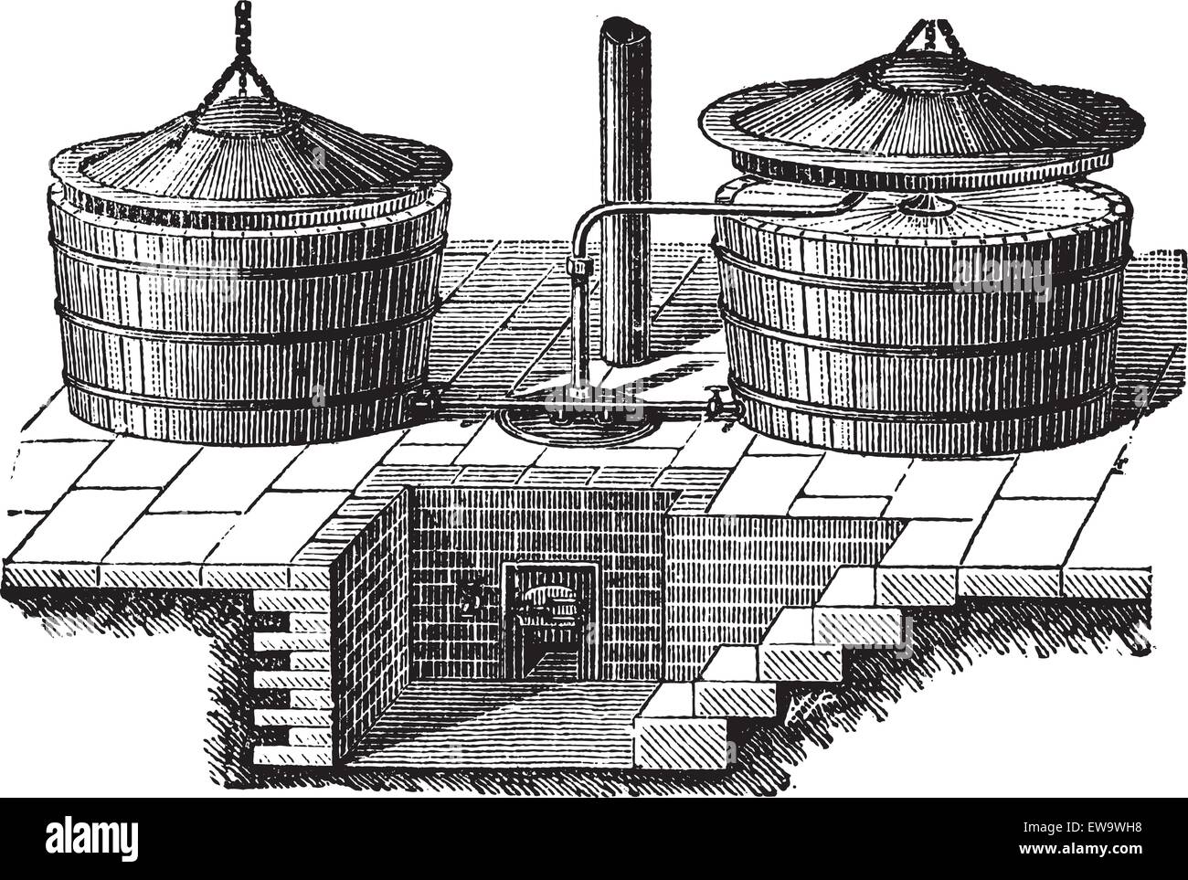 Old engraved illustration of old washing machine with steam pressure. Industrial encyclopedia E.-O. Lami - 1875. Stock Vector