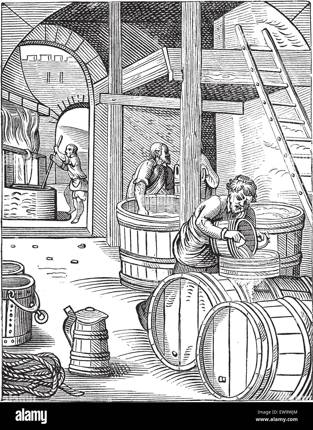 Old engraved illustration of three brewer of the sixteenth century working in the factory. Industrial encyclopedia E.-O. Lami - 1875. Stock Vector