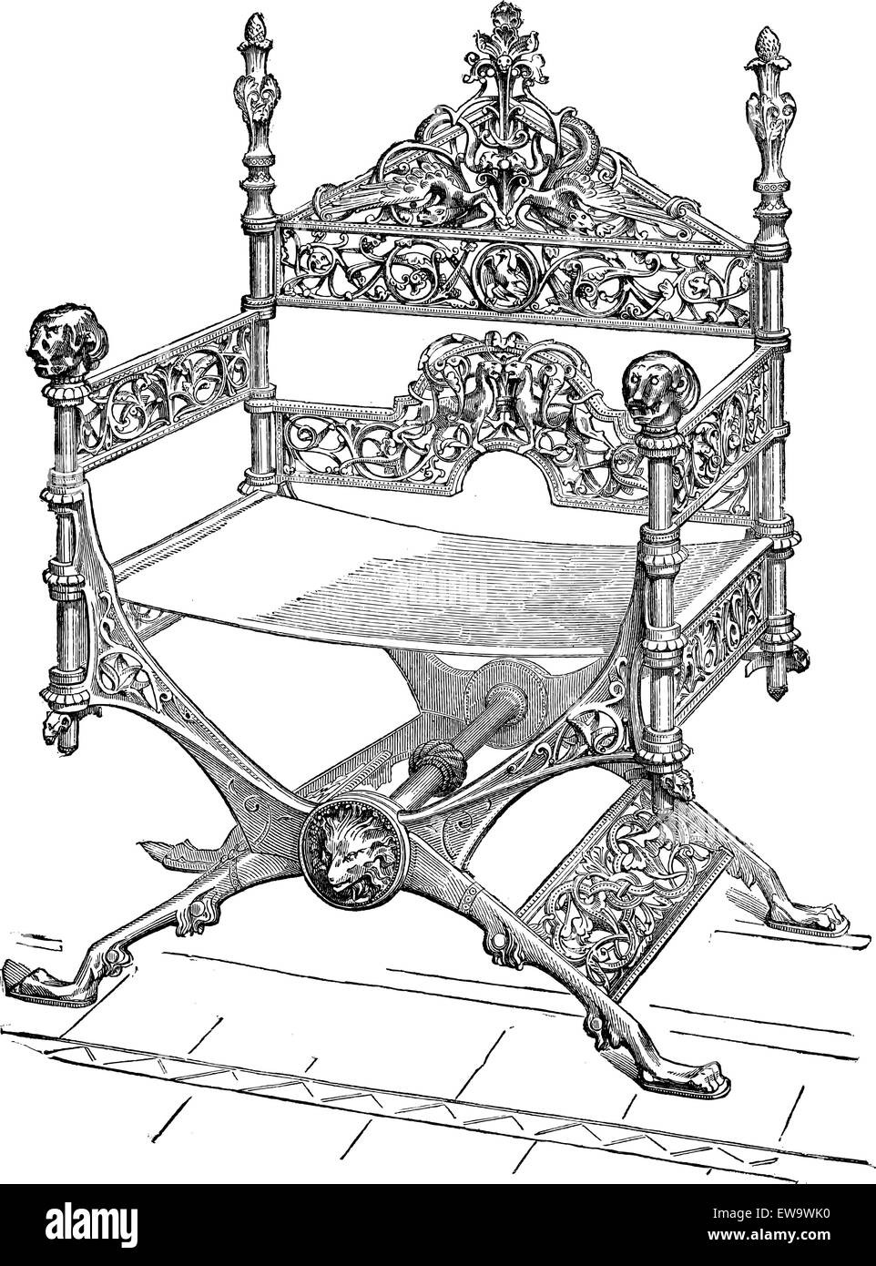 Bronze Faldstool, during the 12th century, vintage engraved illustration. Industrial Encyclopedia - E.O. Lami - 1875 Stock Vector