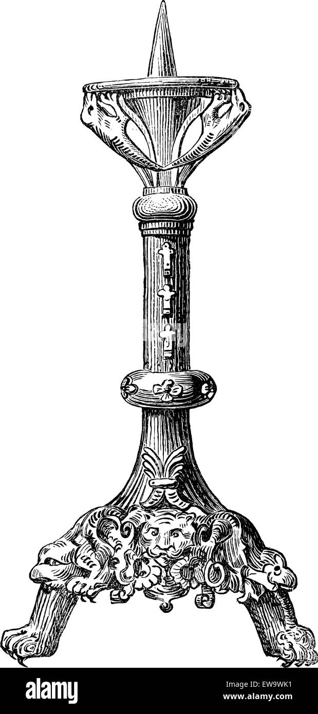 Church Candleholder, vintage engraved illustration. Industrial Encyclopedia - E.O. Lami - 1875 Stock Vector