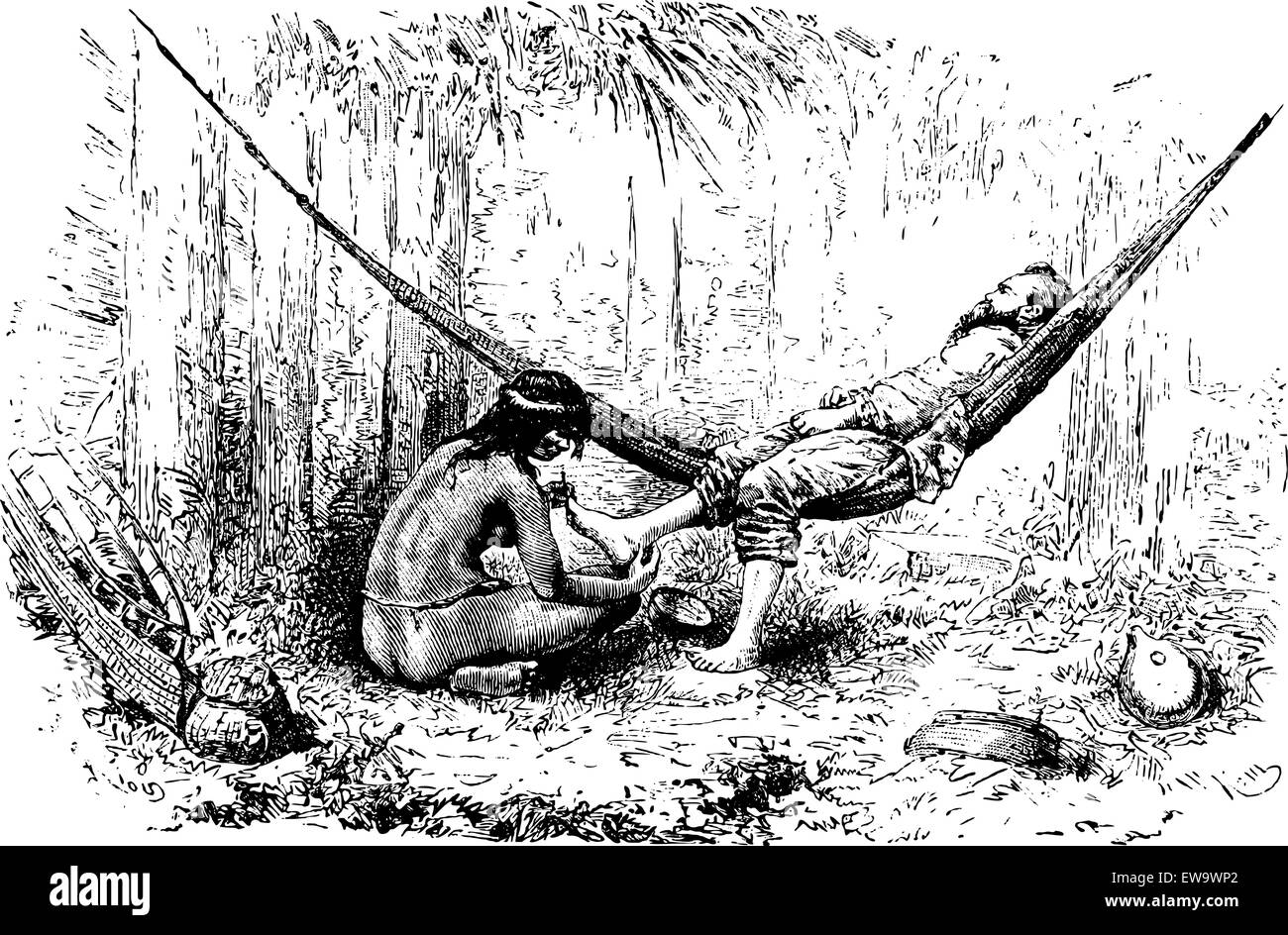 Native Woman Removing Jiggers From Feet in Oiapoque, Brazil, drawing by