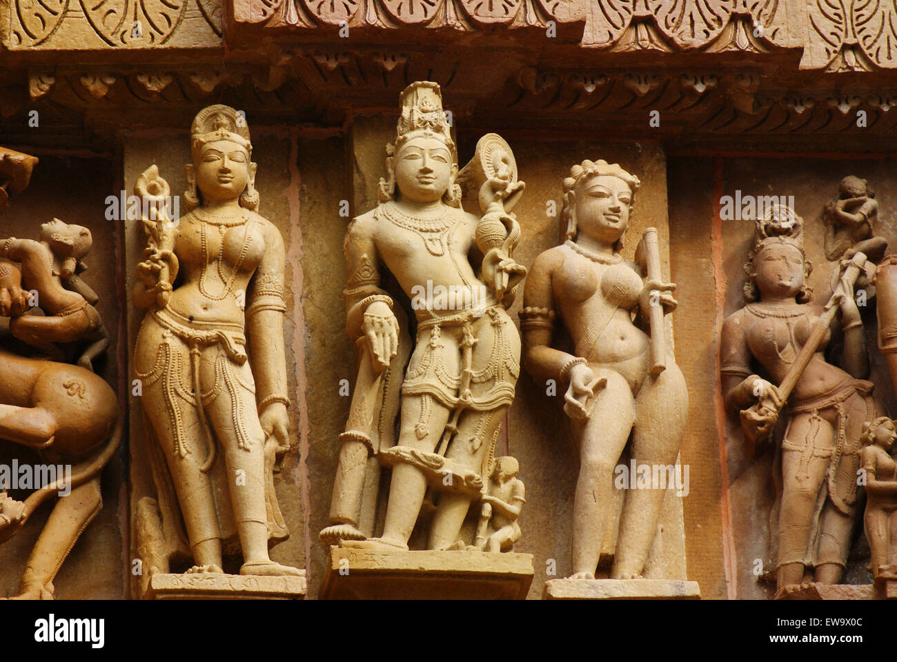 Ancient Stone carving Art Work Sculptures on Khajuraho temples UNESCO world Heritage site Madhya Pradesh India Stock Photo