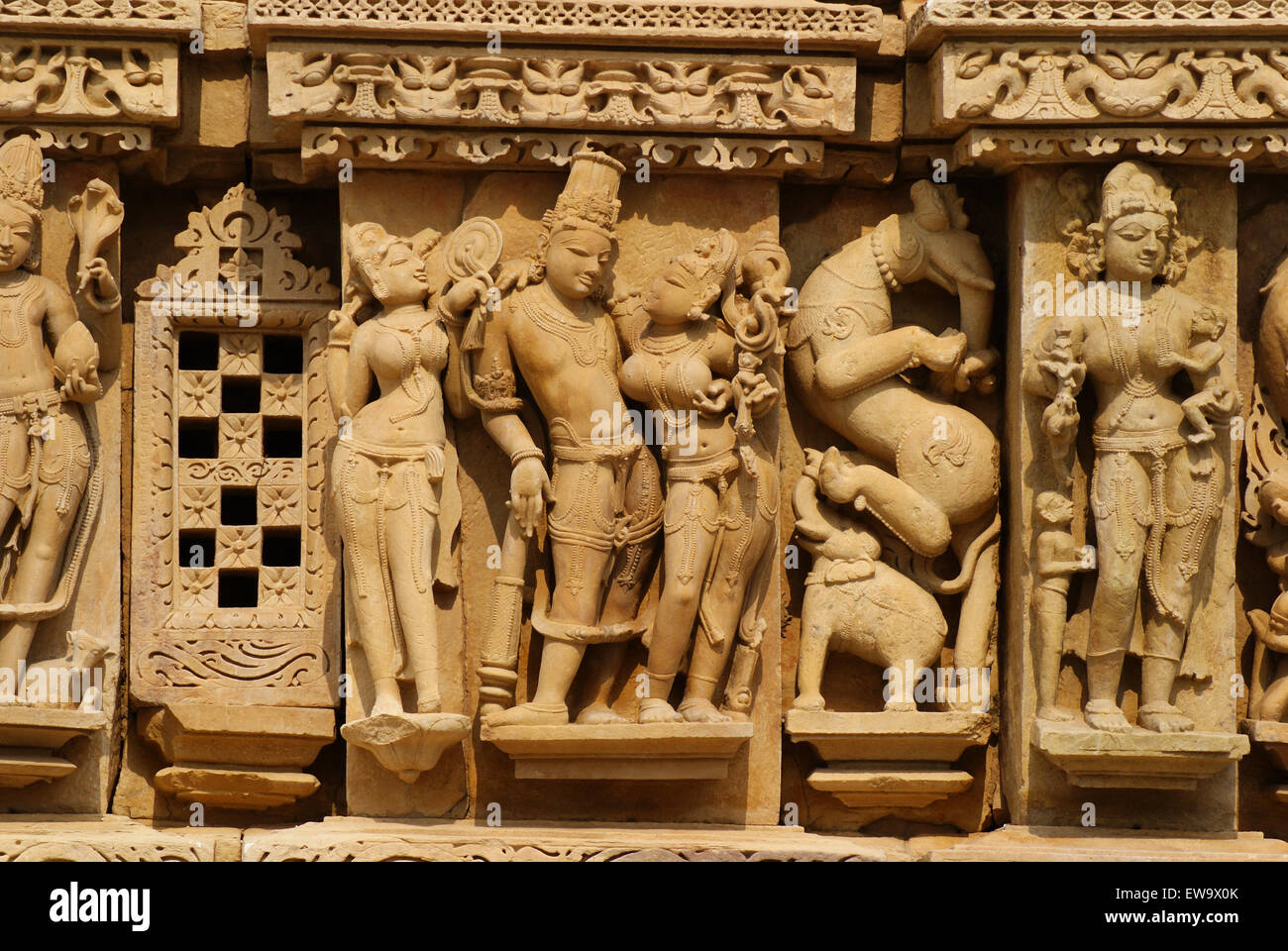 Romance and love Historic Kama Sutra Statue arts in Khajuraho Temple Walls at Madhya Pradesh India Stock Photo