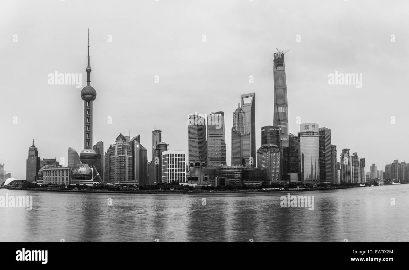 Black and white cityscape on water Stock Photo