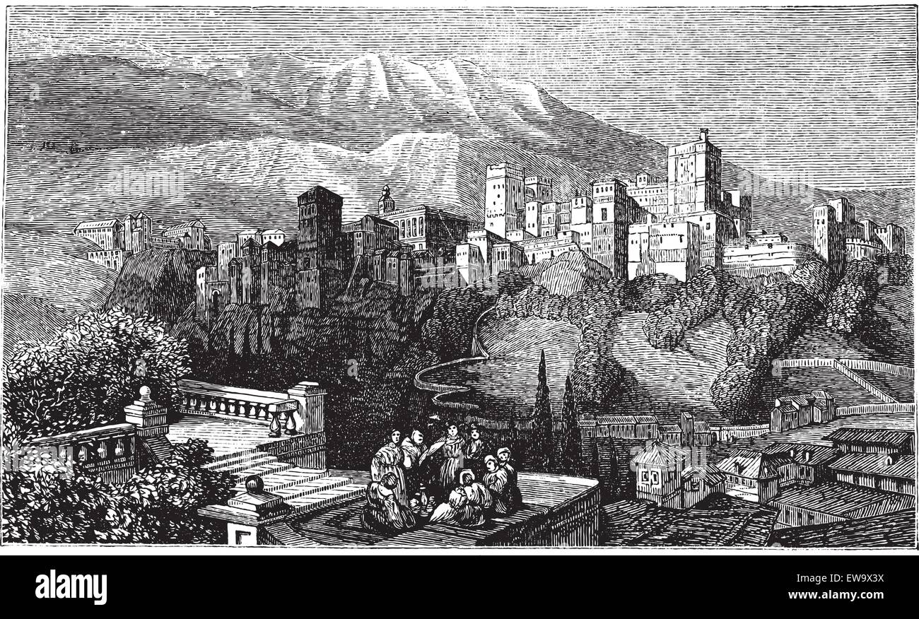 The Alhambra, in Granada, Spain. Old engraving around 1890, showing a group of people in front of the Alhambra fortress, also called the Red Palace. Stock Vector