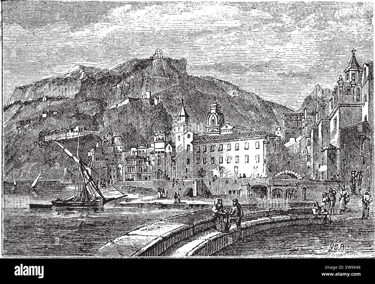 Amalfi in 1890, in the province of Salemo, Italy. Vintage engraving. City scenery of the town of Amalfi. Vector illustration. Stock Vector