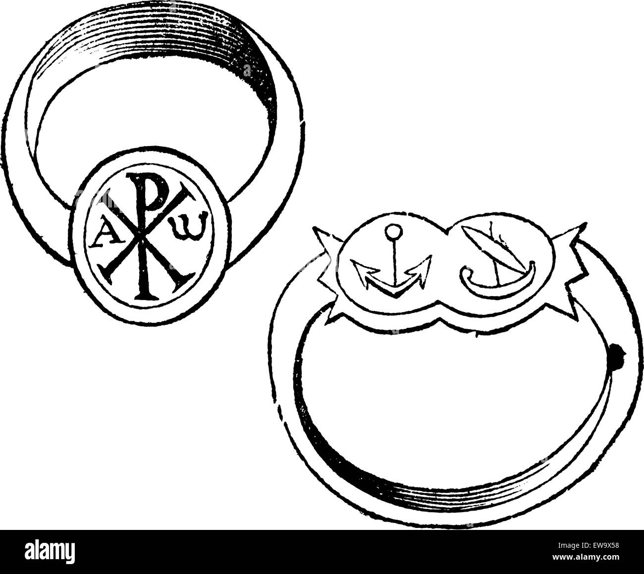 Two christian episcopal rings with symbols vintage engraving. Old engraved illustration of a bishp or archbishop ring, with the fish, dove and monogram of Christ, and the other with fin and branch. Stock Vector
