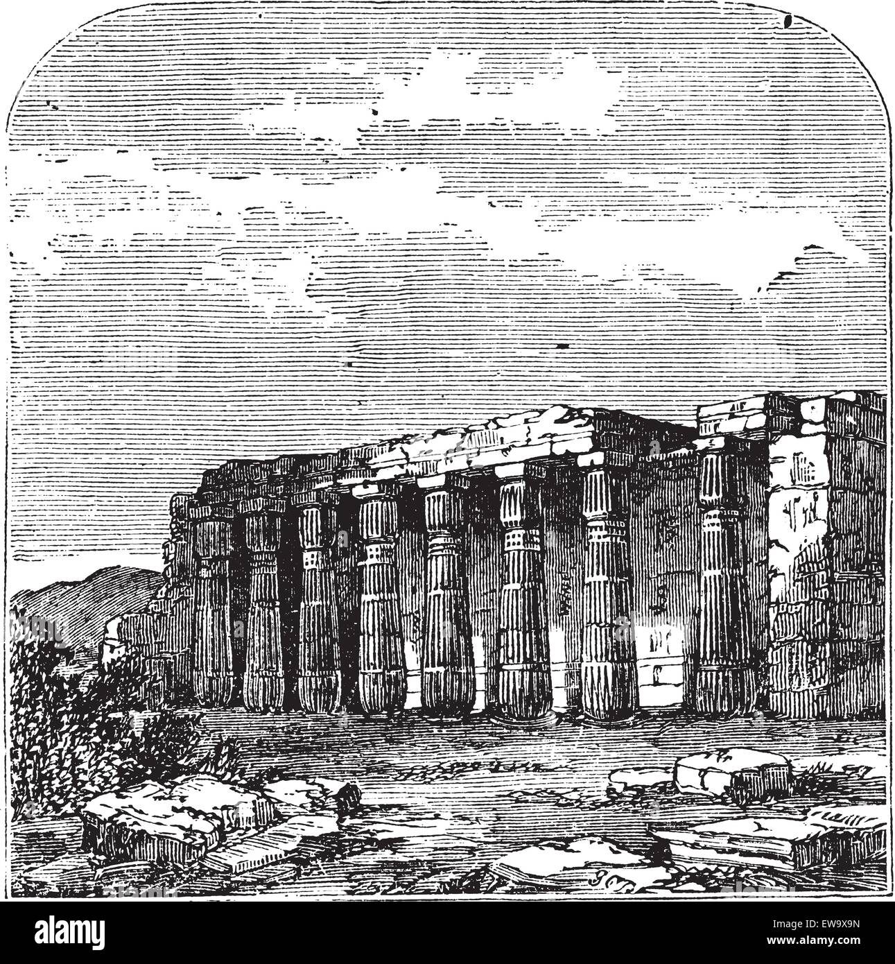 Temple of Luxor (or Quorenth) ruins, in Thebes, Egypt. Vintage engraving. Old engraved illustration of the columns at Luxor temple. Stock Vector