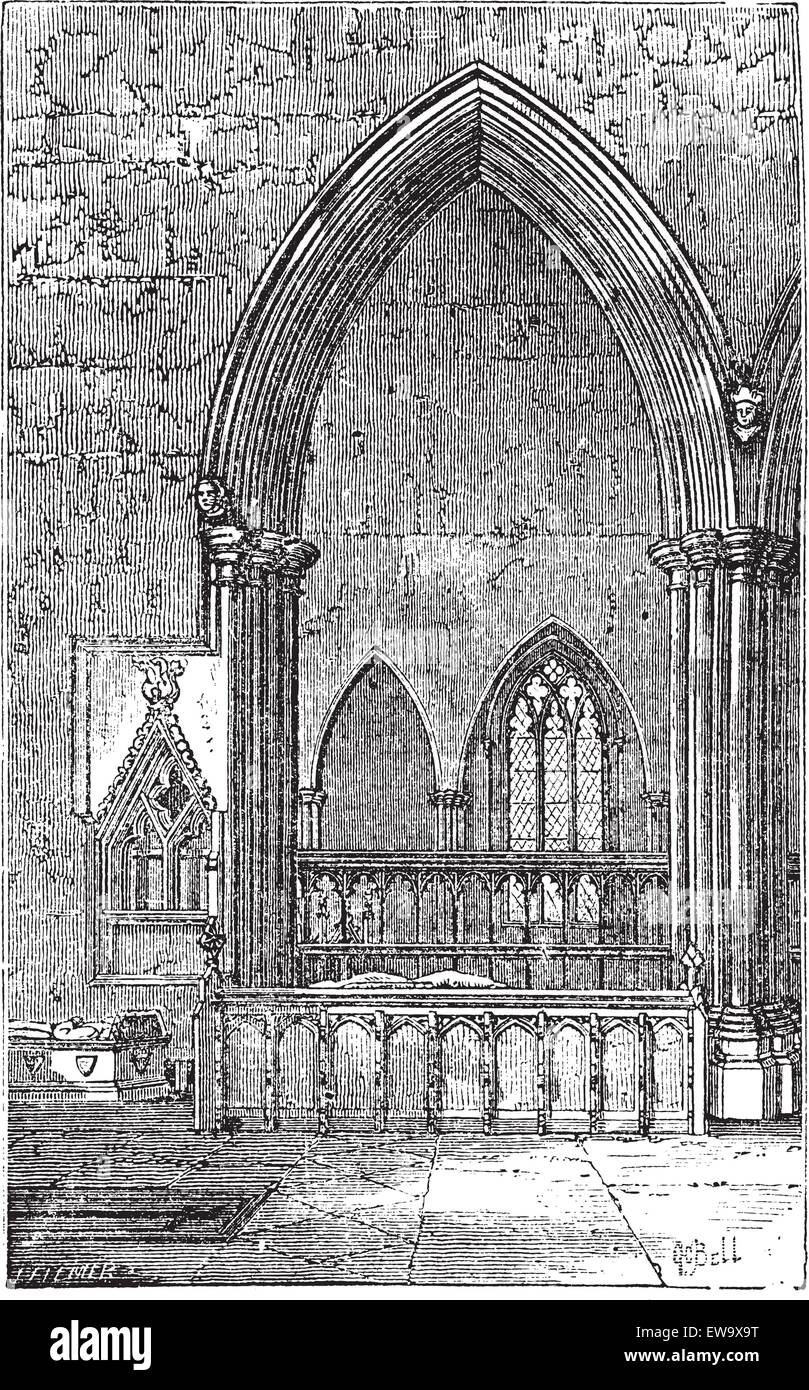 Decoracted gothic arch in Dorchester Abbey in Dorchester-on-Thames, Oxfordshire, England. Old engraved illustration of the Abbey interior arches. Stock Vector