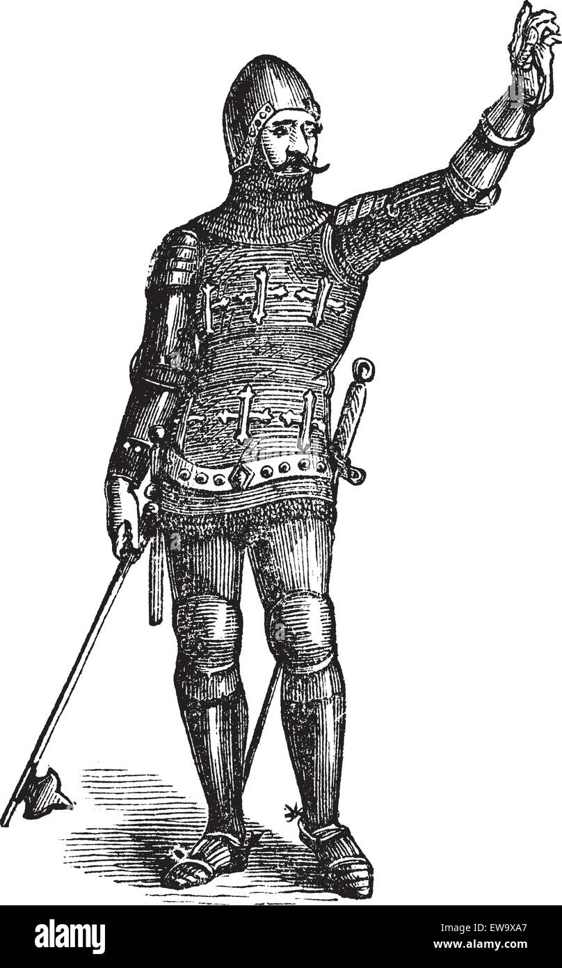 French soldier in armor in 1370, old engraving. Vector, engraved ...