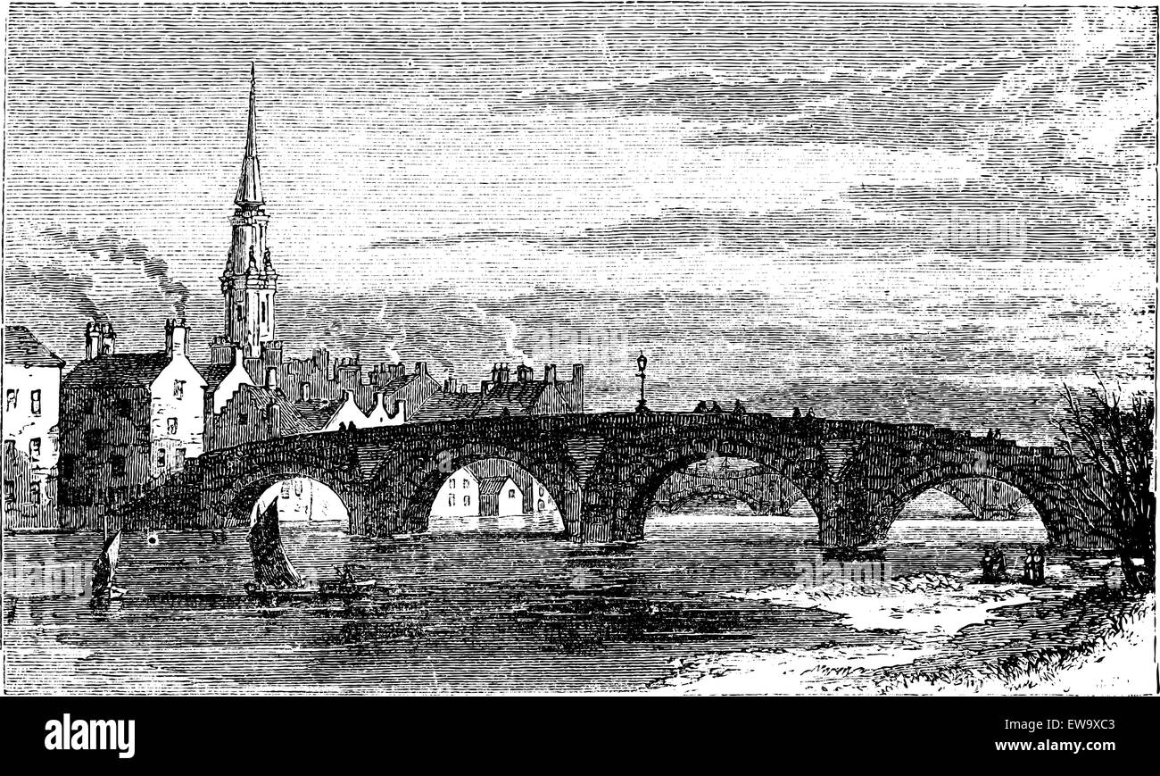 River Ayr Bridges. Old Bridge or Auld Brig over Ayr River, in Scotland, during the 1890s, vintage engraving. Old engraved illustration of the Old Bridge over the Ayr River. Stock Vector