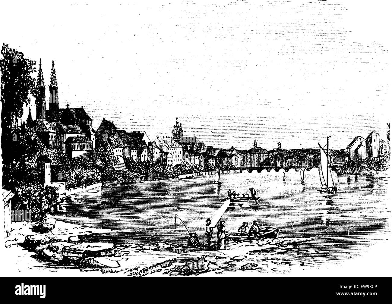 Bale, in Istria, Croatia, during the 1890s, vintage engraving. Old engraved illustration of Bale showing people fishing and sailing on the coast. Stock Vector