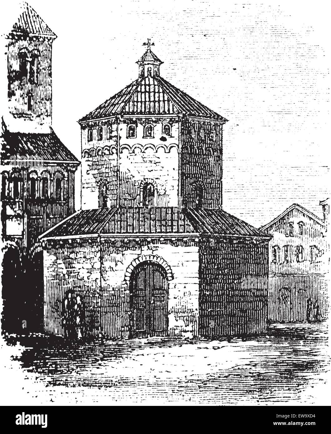 Baptistry of Novara, in Piedmont, Italy, during the 1890s, vintage engraving. Old engraved illustration of the Baptistry of Novara. Stock Vector
