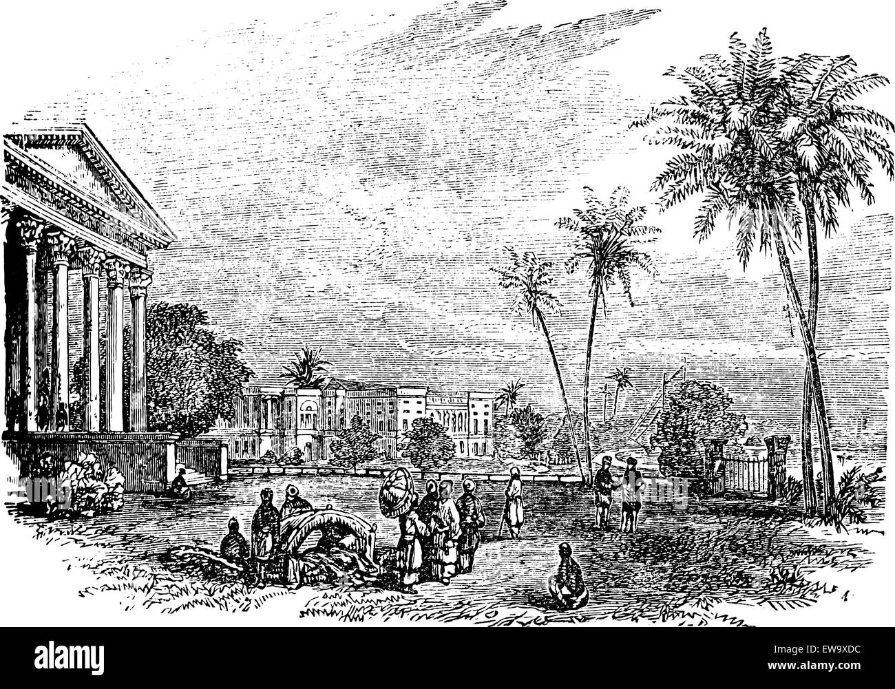 Barrackpore or Barrackpur, in West Bengal, India, during the 1890s, vintage engraving. Old engraved illustration of Barrackpore. Stock Vector