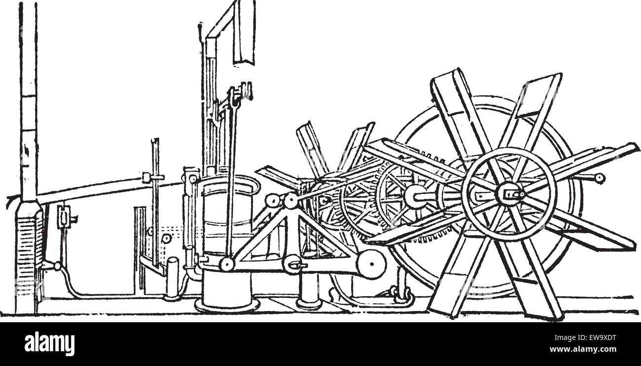 Clermont Steam Ship paddle wheel unit, vintage engraving. Old engraved illustration of the paddle wheel unit of the Clermont Steam Ship. Stock Vector