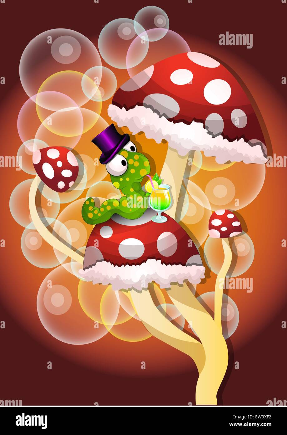 Mushrooms, Spotted, Red, Green Worm, Bubbles, Cocktail Drink, vector illustration Stock Vector