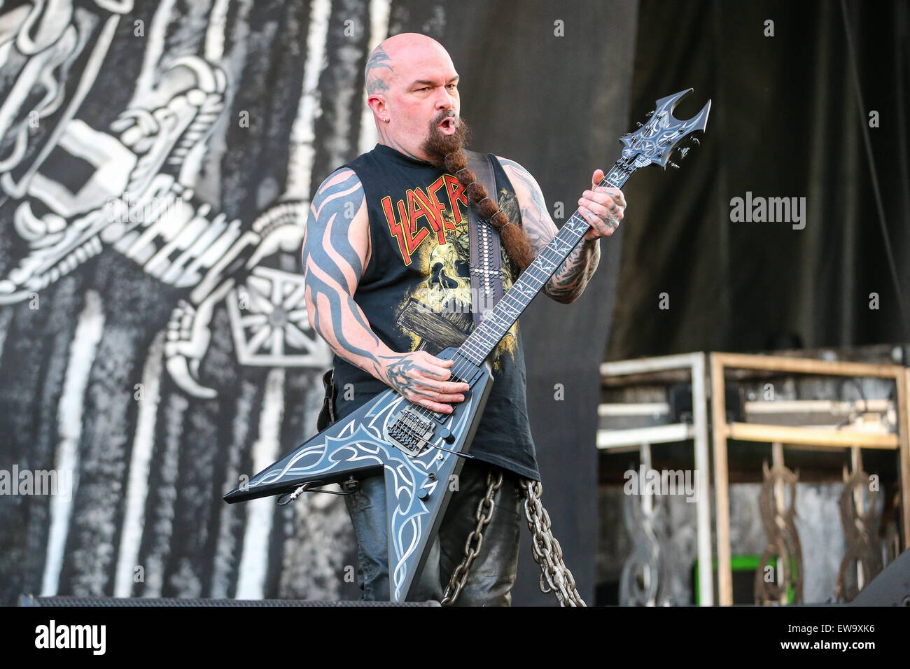 Slayer performs as part of the 2015 Carolina Rebellion festival at the Charlotte Motor Speedway in Charlotte, NC. Stock Photo