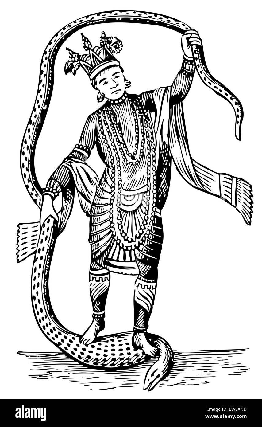 Old illustration of Vishnu in the 8th Avatar. Live trace vector. From History of the Ancient and Honorable Fraternity of Free and Accepted Masons and Concordant Orders, edited by Lee C. Hascall, et. al., 1890 Stock Vector