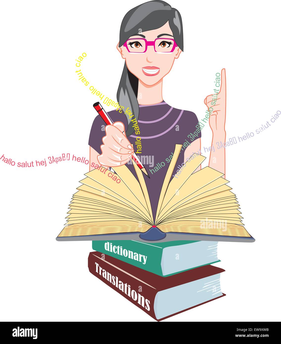 Word Meanings and Translations, Girl with Glasses with Reference Books, Holding a Red Pencil, vector illustration Stock Vector