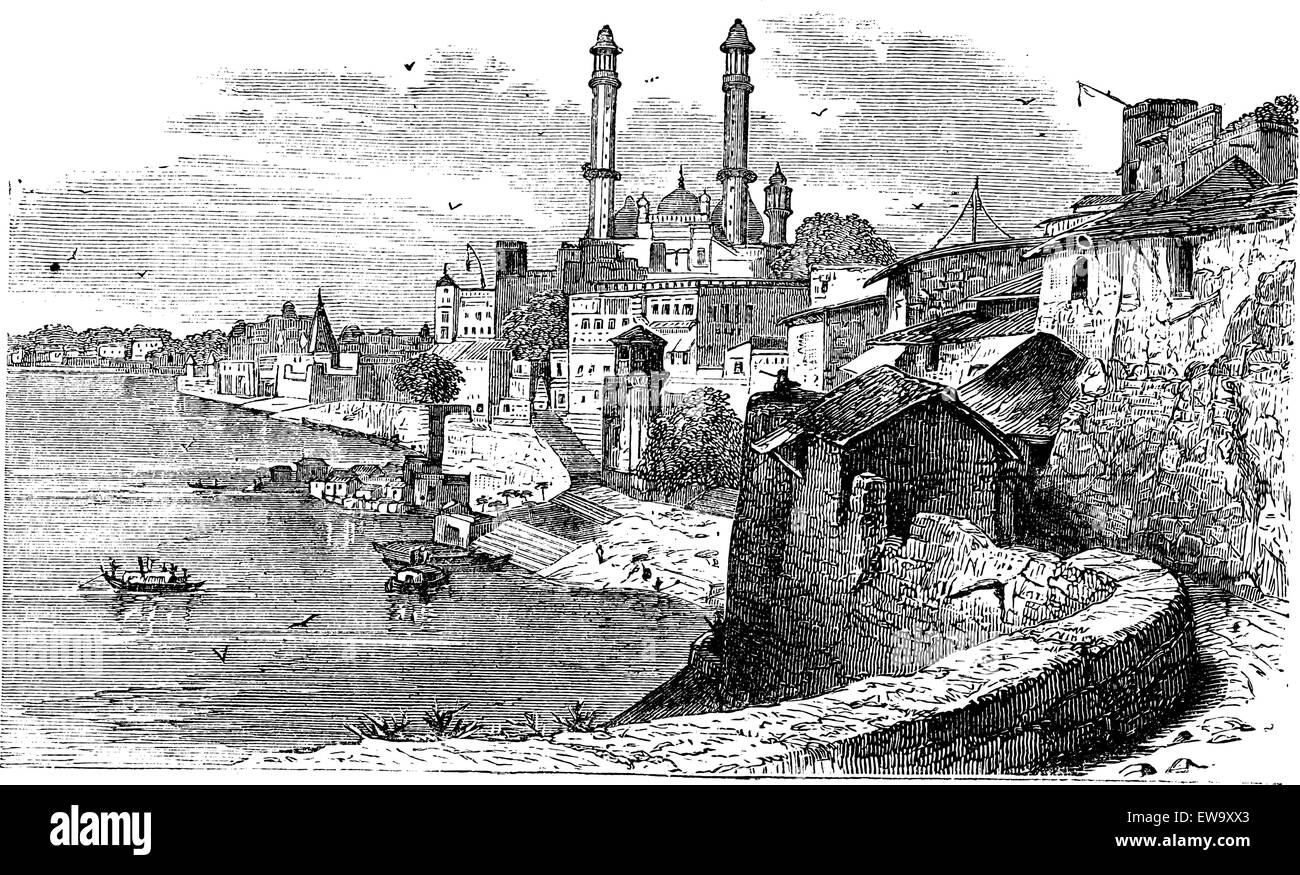 Varanasi or Banares or Banaras, in Uttar Pradesh, India, during the 1890s, vintage engraving. Old engraved illustration of Varanasi. Stock Vector