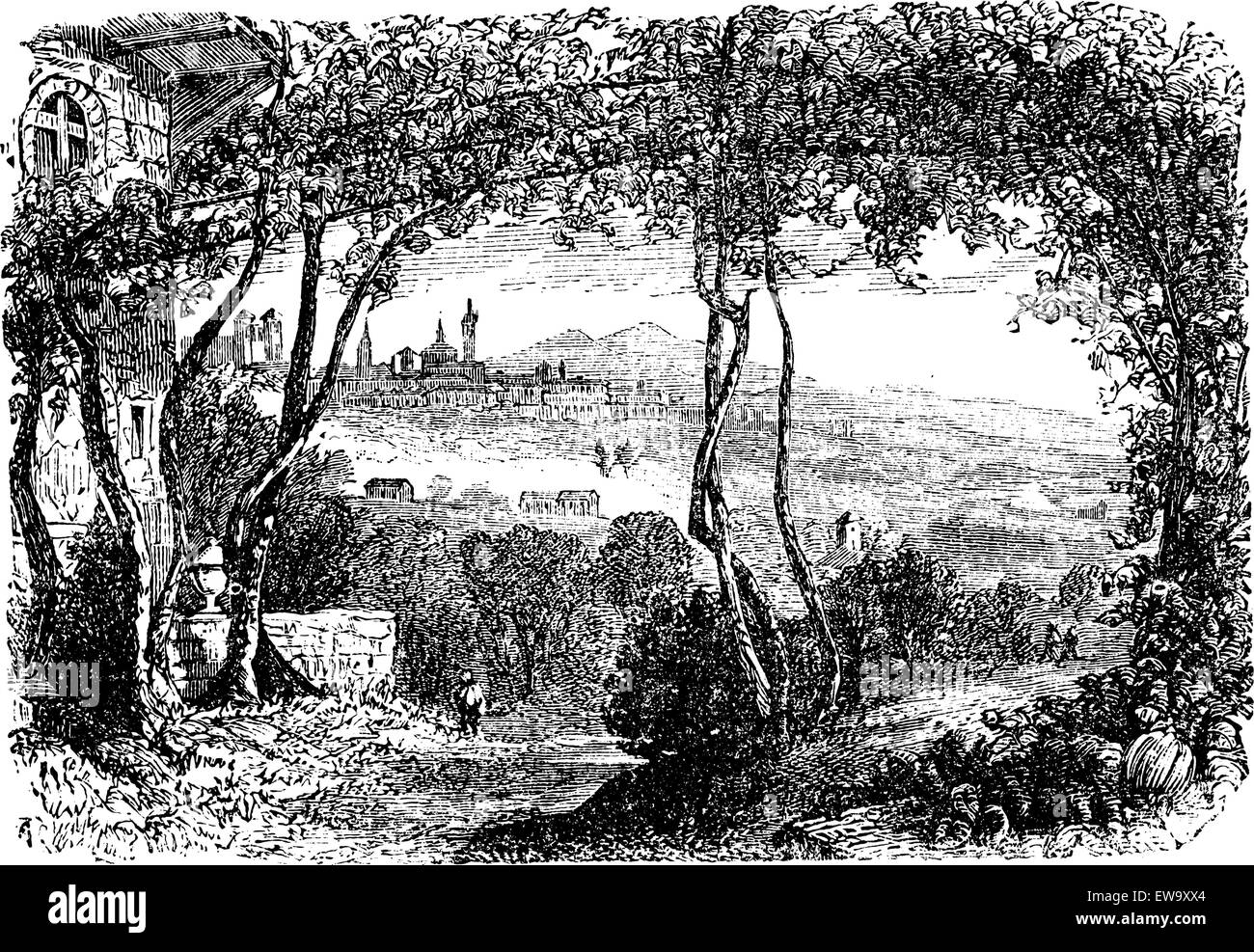 Bergamo, in Lombardi, Italy, during the 1890s, vintage engraving. Old engraved illustration of Bergamo. Stock Vector