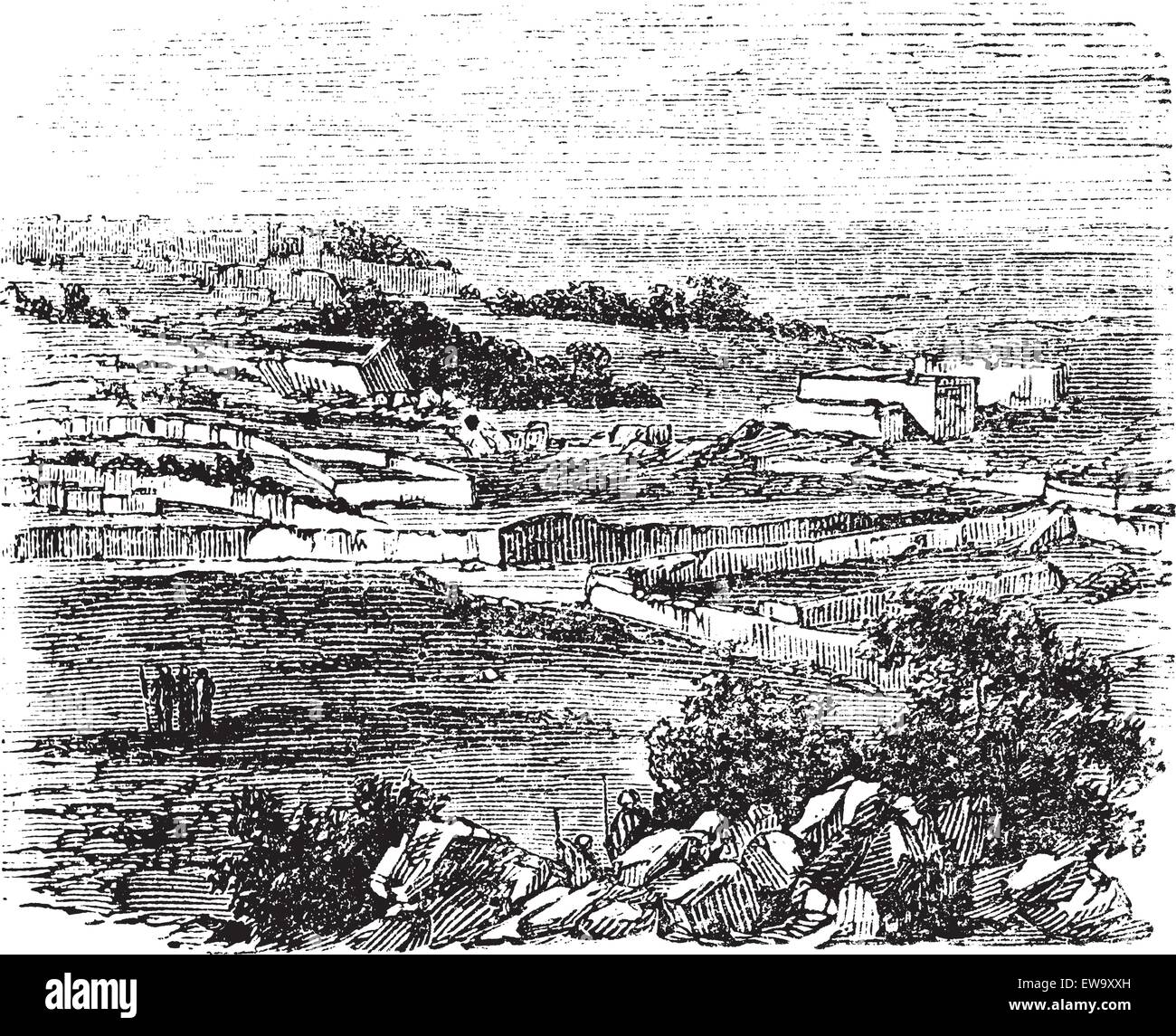 Bethel village, Jerusalem, old engraved illustration of the village, Bethel, Jerusalem in the 1890s Stock Vector