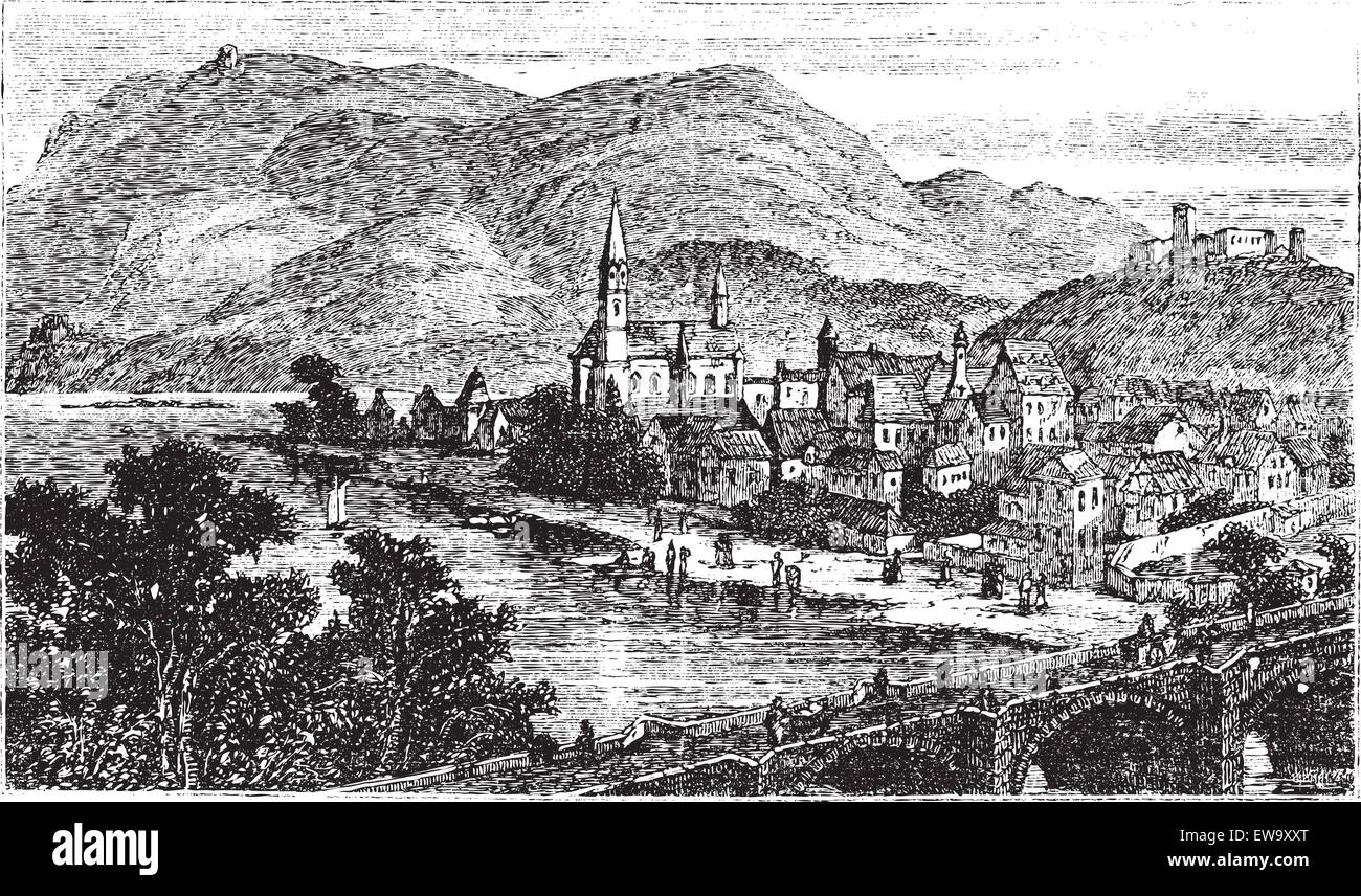 Bingen am Rhein, town in Rhineland-Palatinate, Germany, old engraved illustration of the town Bingen am Rhein, in the 1890s. Stock Vector