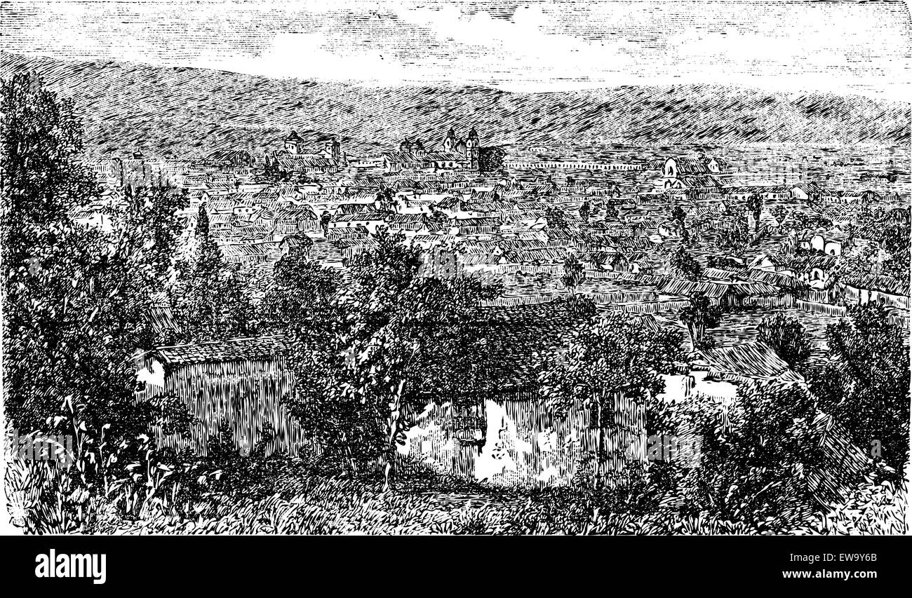 Bogota city, capital of Colombia, vintage engraving in the 1890s, South Ameold engraved illustration. City outskirt view from 1890s. Stock Vector