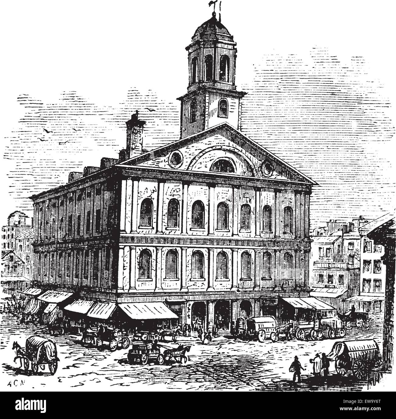 Faneuil Hall or The Cradle of Liberty, Boston, Massachusetts, USA vintage engraving.  Old engraved illustration of building exterior Stock Vector