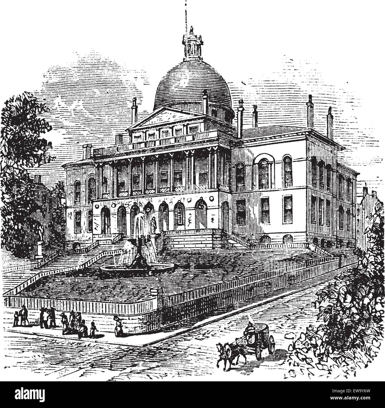 State House or Massachusetts State House or The New State House, Beacon Hill, Boston, Massachusetts, USA vintage engraving.  Old engraved illustration of building exterior Stock Vector