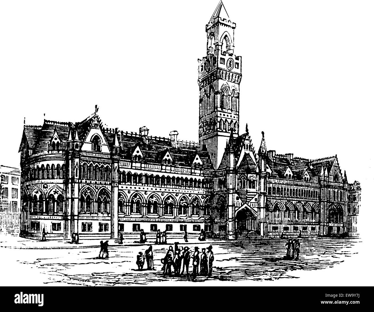 Bradford City Hall,  Bradford, West Yorkshire, United Kingdom vintage engraving. Old engraved illustration of Bradford City Hall,  United Kingdom, 1890s. Stock Vector