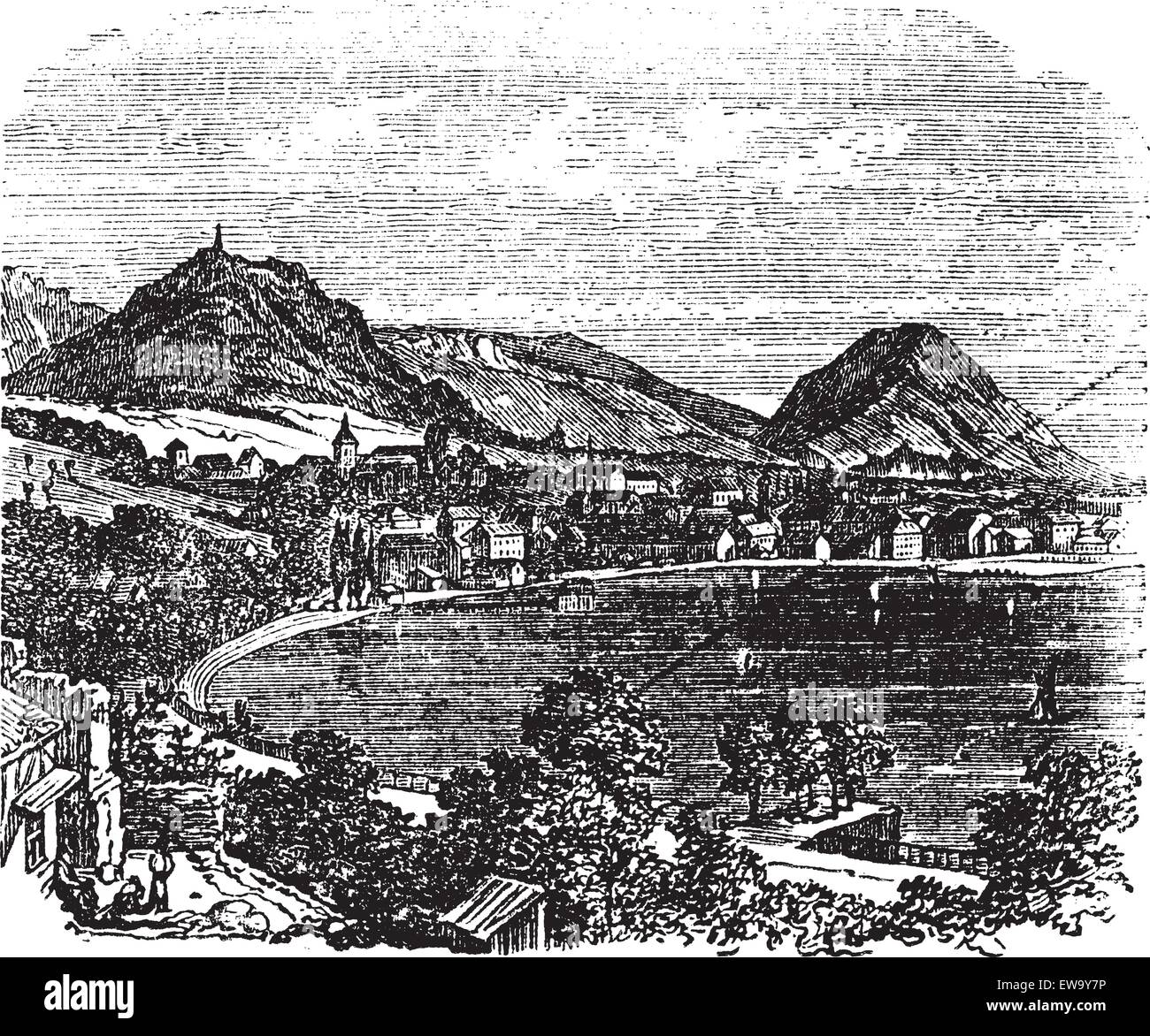 Bregenz, city, Vorarlberg, Austria, old engraved illustration of Bregenz, city, Vorarlberg, Austria, 1890s. Stock Vector