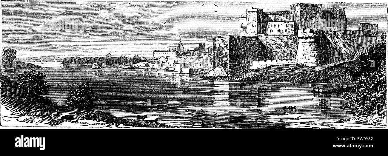 Illustration of the castle of Brindisi , or Red Castle vintage engraving. Old engraved illustration of the Brindisi Castle, in the town of Brindisi, Apuila region, Italy. Stock Vector