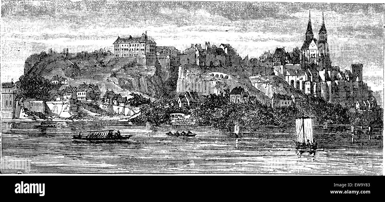 View of boats in river with building and castle on a hill in the background, in Old Breisach, Germany, vintage engraving from 1890s. Stock Vector