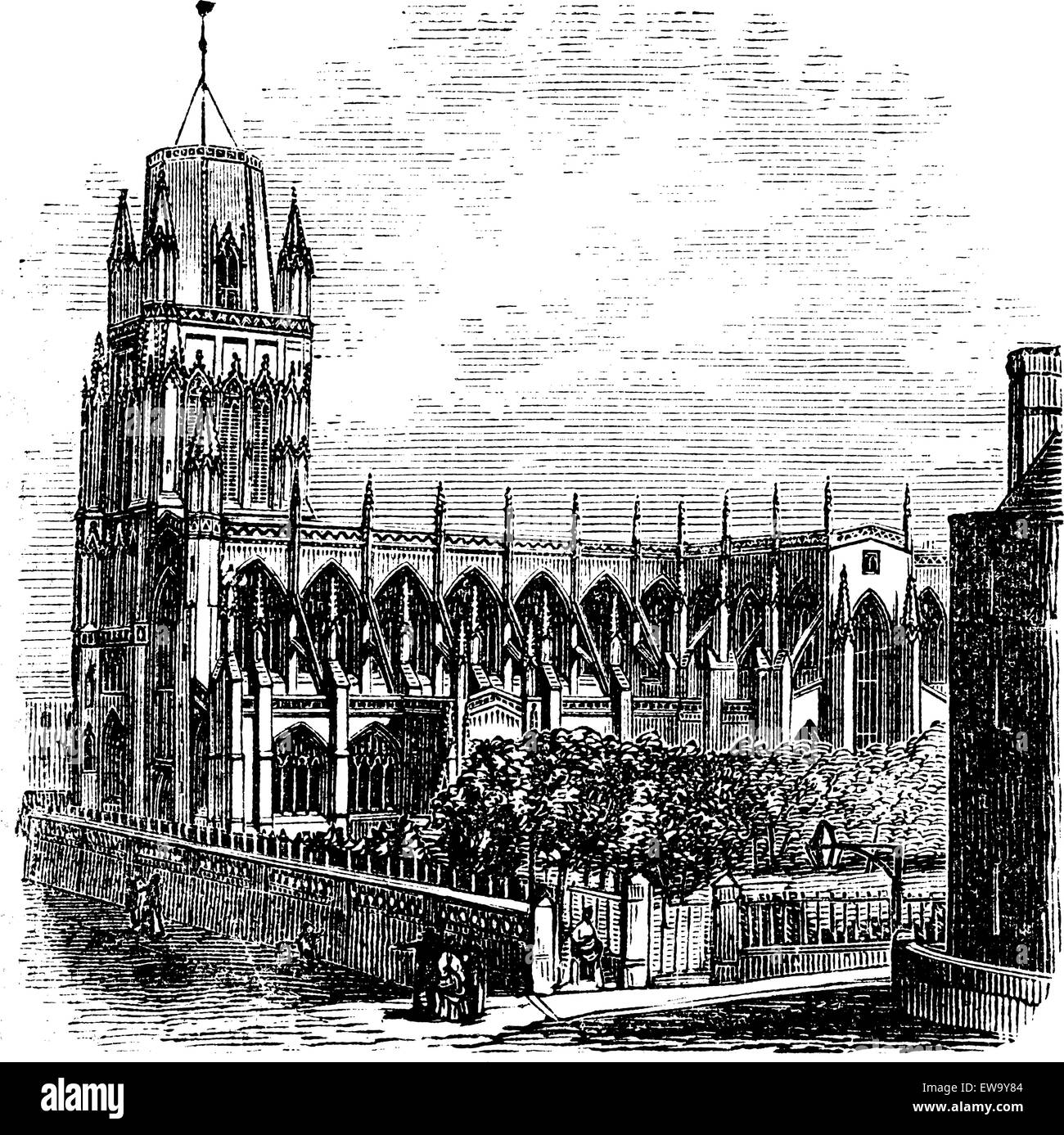 Saint Mary Redcliffe - Anglican church in Bristol, England (United Kingdom). Vintage Engraving from 1890s. Old engraved illustration of the Saint-Mary Redcliffe. Stock Vector