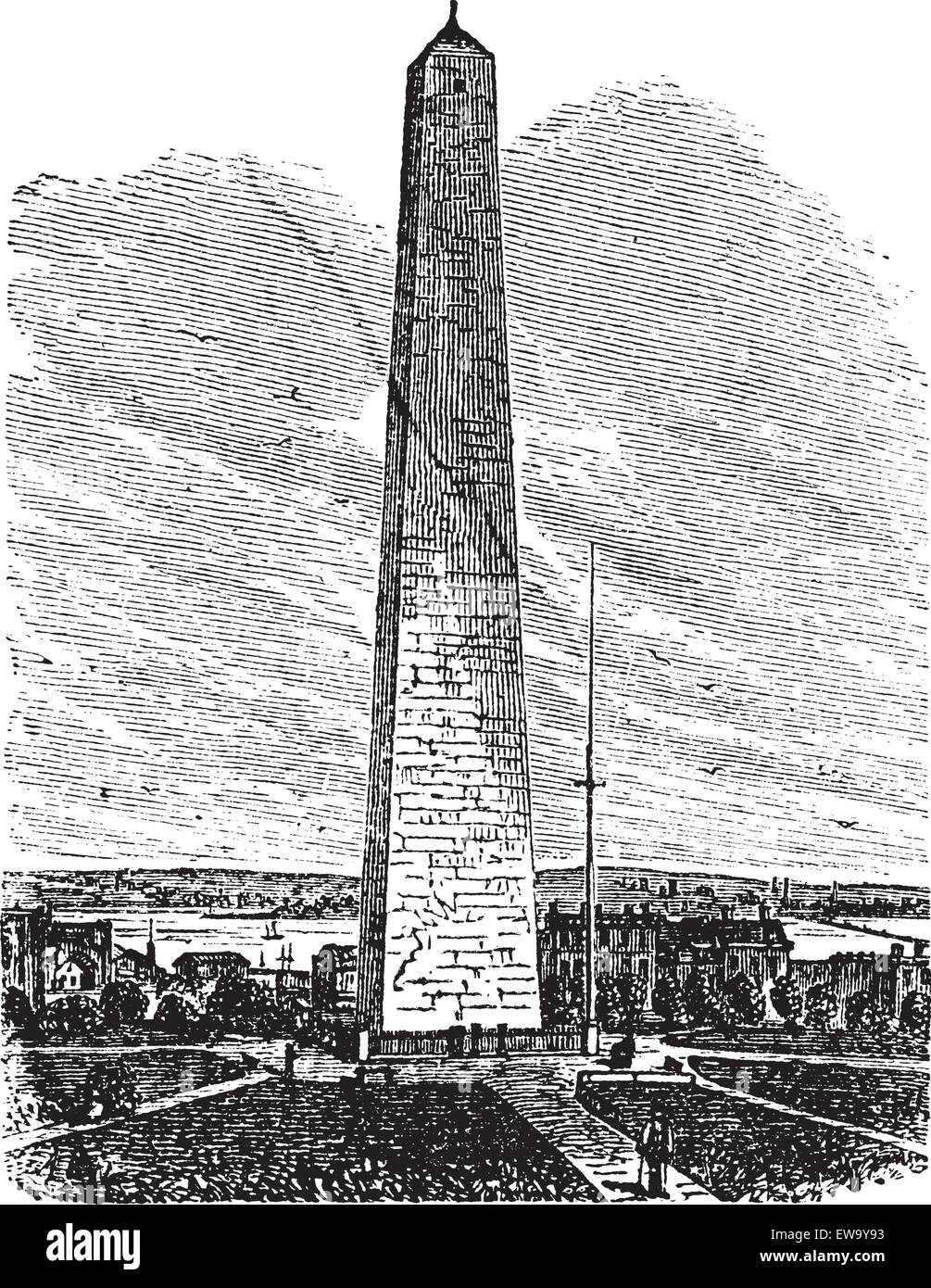 Bunker Hill Monument, Charlestown, Massachusetts, old engraved illustration of Bunker Hill Monument, Charlestown, Massachusetts, 1890s. Stock Vector