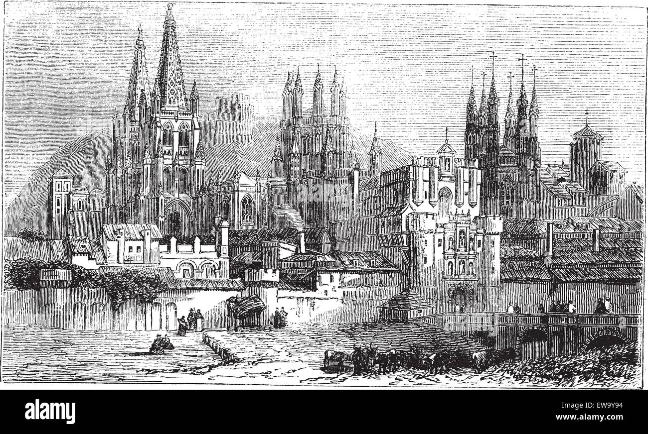 Burgos, city, Spain, old engraved illustration of Burgos, city, Spain, 1890s. Stock Vector